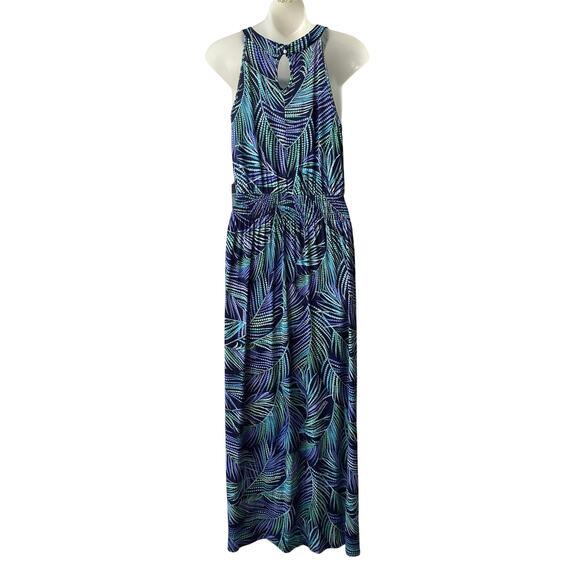 Berkley Jensen Women Braided Halter Maxi Dress M Blue Tropical Palm Stretch NWT‎ - Picture 2 of 10
